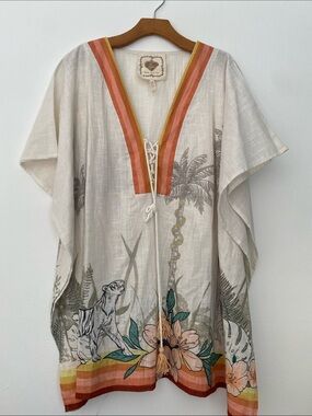Boho Lace-Up Tropical Print Tunic — Cream with Coral & Mustard Trim